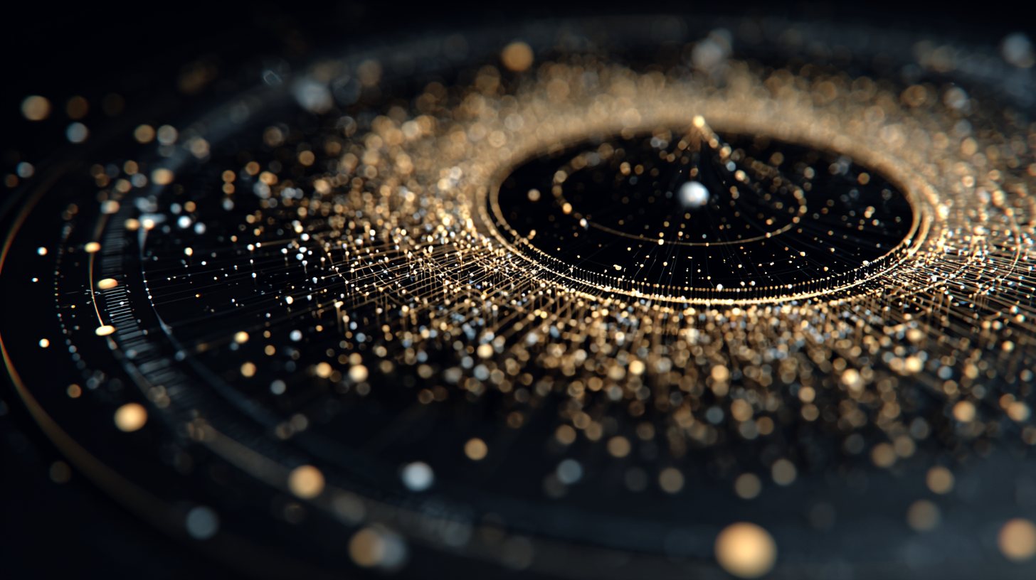 A clock of gold and silver points turning on a dark disc, a void at its centre and a single silver point held at the middle.